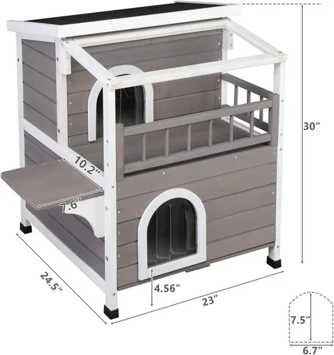 Vista 4 de Casa para gatos de 2 pisos con balcón grande, condominio interior para gatos al aire libre, hogar de madera para gatos
