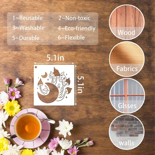 Vista 7 de 20 piezas de plantillas de hongos, plantillas reutilizables de hongos de estilo bohemio, luna y flores para pintar en madera, lienzo, azulejos