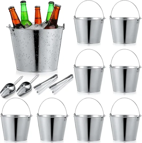 Vista 9 de Zopeal Juego de 24 cubos de cerveza galvanizados, 16 cubos de metal con 4 cucharadas y 4 pinzas, cubo de hielo rústico de 7 pulgadas para fiestas