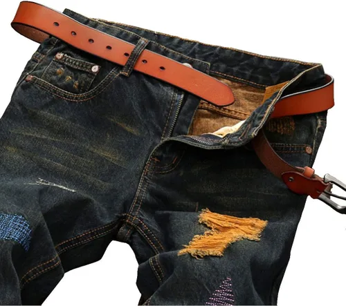 Vista 6 de utcoco Pantalones de mezclilla clásicos para hombre, corte delgado, cintura media, pierna recta, agujeros rasgados, rasgados, jeans
