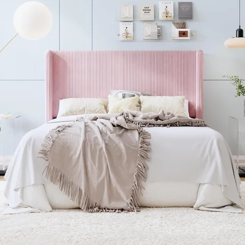 Vista 17 de SHA CERLIN - Base de cama tamaño Full tapizada en pana con plataforma y cabecera acolchada con diseño acanalado vertical estilo wingback, 8