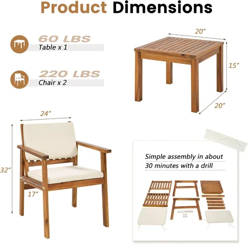Vista 5 de Flamaker Sillas de Patio 3 Piezas Muebles de Patio de Madera de Acacia con Mesa de Café y Cojines Conjunto de Conversación Exterior Sillas de Balcón