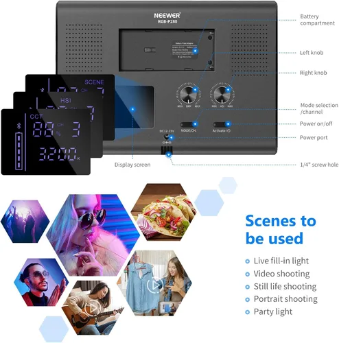 Vista 9 de NEEWER Paquete de 2 luces de video RGB con soportes de trípode NP-F550, kit de iluminación de panel LED de estudio para transmisión