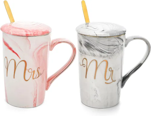 Vista 2 de Yesland Tazas de Café Mr and Mrs de 13.5 Oz, Regalos de Boda para Pareja/Novia y Novio, Tazas de Cerámica con Mármol para Despedida de Soltera