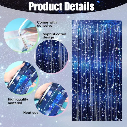 Vista 4 de Tingjoo Paquete de 2 cortinas de papel de aluminio de galaxia para decoraciones de fiestas temáticas espaciales, cortinas de oropel iridiscente azul