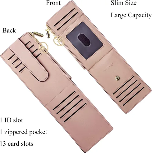 Vista 3 de Chelmon Billetera delgada con bloqueo RFID para mujer, con bolsillo con cremallera, Rosa Champán, Minimalista