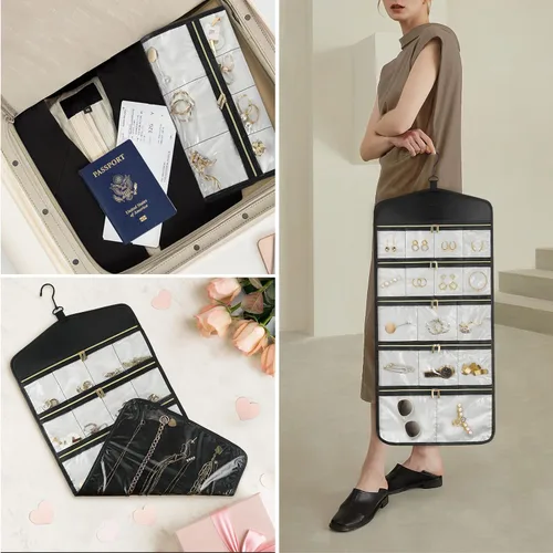 Vista 2 de CHICECO Organizador Soporte de Joyas de Viaje, Organizador de Joyas Colgante de Almacenamiento Con Bolsillos con Cremallera para Armario, Pared