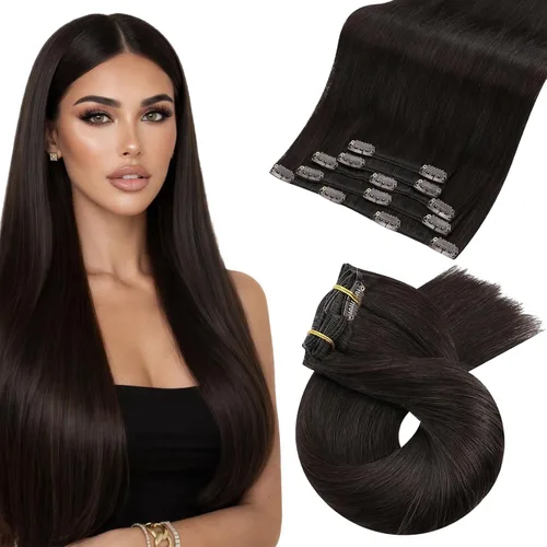 Vista 35 de Moresoo Extensiones de cabello humano con clip, balayage, color marrón oscuro a marrón dorado con clip, extensiones de cabello humano con clip, 5