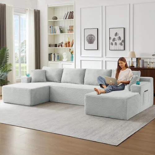 Vista 9 de Sofá modular de 133.5 pulgadas con tumbonas móviles, sofás deshuesados con portavasos para sala de estar, sofá modular en forma de U de gran