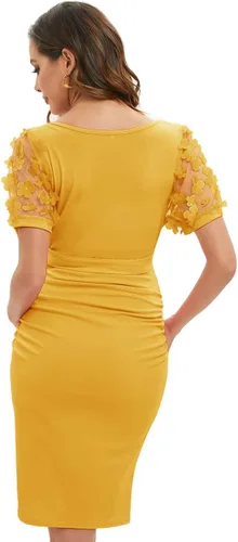 Vista 5 de ZIUMUDY Vestido ajustado de maternidad de manga corta con diseño de obispo de malla floral para sesión de fotos de maternidad, vestido de baby shower