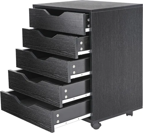 Vista 5 de ZENY Cómoda de 5 cajones, archivador móvil con ruedas, gabinete de almacenamiento para oficina en casa debajo del escritorio, cajones de Negro