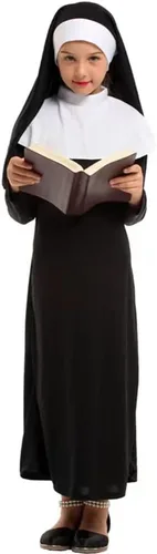Vista 3 de YEMYIQZ Nun Costume For Kids Girl Dress Catholic Sister Robe Priest Halloween Outfit Carnival Cosplay Child Gothic Head Wrap