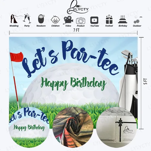 Vista 2 de Telón de fondo de cumpleaños de golf de 7 x 5 pies, Let's Par-Tee, campo de golf, tema deportivo para fiesta de cumpleaños, decoración de mesa