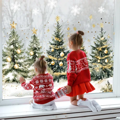 Vista 6 de Whaline 9 hojas de Navidad para ventana, calcomanías para ventana, acuarela, árbol de Navidad, bola de invierno, bosque
