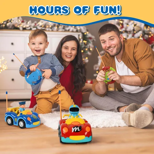 Vista 3 de Haktoys Carros de policía y carreras de dibujos animados a control remoto: juguetes RC para niños pequeños niños y niñas - Juego de 2 vehículos
