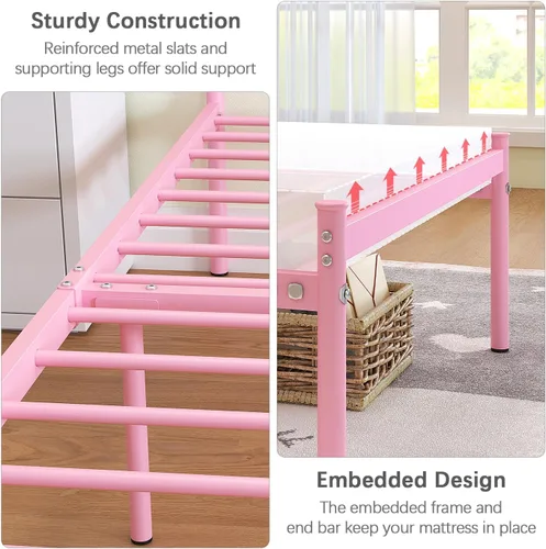Vista 6 de Weehom Base de cama individual con cabecero, plataforma de metal resistente debajo de la cama, espacio de almacenamiento fácil de montar para niños