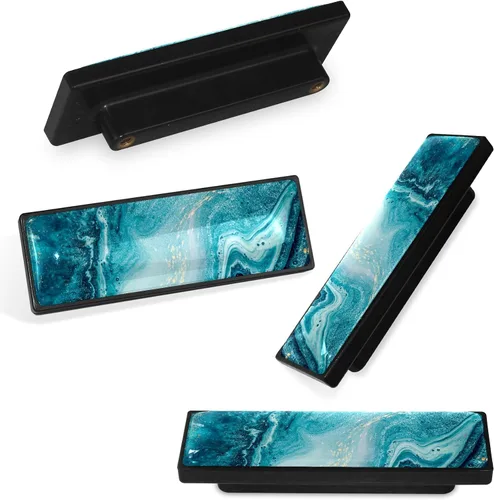 Vista 2 de LORVIES Paquete de 4 pomos decorativos de mármol de 3.6 pulgadas para gabinete, vidrio ABS largo rectangular negro, manijas de puerta de cajón