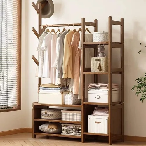 Vista 13 de Perchero de madera para colgar ropa con estantes de almacenamiento para entrada, pasillo, sala de estar