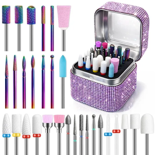 Vista 10 de Juego de 30 brocas para uñas: brocas de diamante de 3/32 pulgadas para preparación de uñas de gel acrílico, contiene cabezas