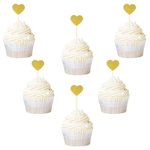 Vista 5 de Ercadio Decoración dorada para cupcakes con diseño de corazón con purpurina dulce, temática de amor, para boda, compromiso, despedida de soltera