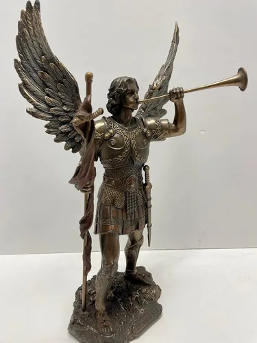 Vista 8 de Figura de Arcángel de 13 pulgadas - San Gabriel con cuerno de bronce fundido en frío
