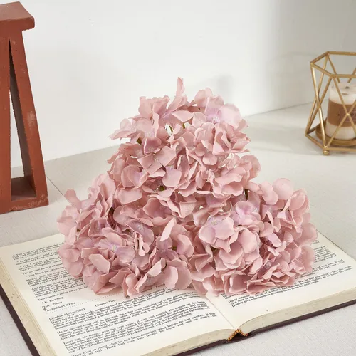 Vista 6 de Flores de hortensias artificiales rosa polvoriento, 10 cabezas de flores de seda de hortensia falsas para centros de mesa de boda, ramos de 10