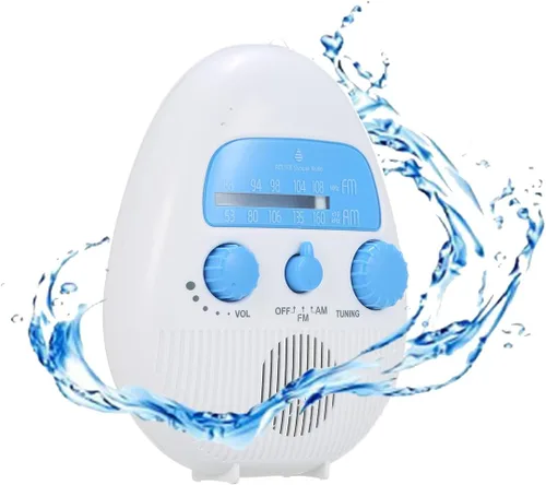 Vista 10 de Radio de ducha impermeable, radio AM/FM con altavoces de volumen ajustables, altavoces portátiles alimentados por batería con mango de gancho