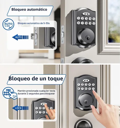 Vista 3 de Cerradura de puerta de entrada sin llave con 2 perillas, cerrojo electrónico retroiluminado con asa, bloqueo automático, códigos únicos, cerrojo