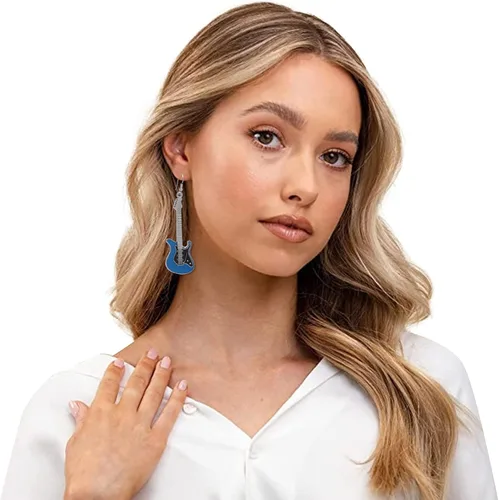 Vista 4 de Aretes colgantes de metal blanco y negro con guitarra eléctrica para mujeres, niñas, amantes de la música, profesores, regalos de joyería