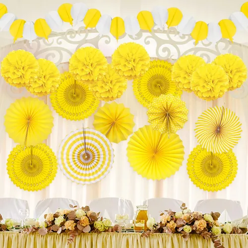 Vista 7 de Decoraciones de Fiesta Amarillas, Abanicos de Papar Pompones, Guirnaldas para Cumpleaños, Baby Shower, Boda, Graduación, Festival de Primavera