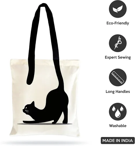Vista 4 de Diseño impreso de la bolsa de asas de algodón Silhoutte, impresión de gato, Estampado De Gato