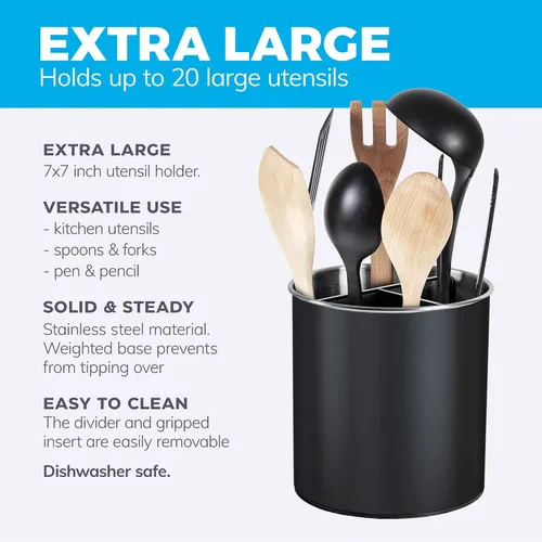 Vista 6 de Cooler Kitchen Portautensilios Giratorio Negro Extra Grande de Acero Inoxidable con Base Pesada Resistente Antivuelco, Divisor Extraíble e Inserto