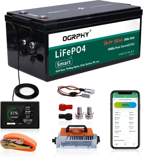 Vista 10 de OGRPHY Batería de litio de 36 V con cargador y monitor LCD, batería de litio para carrito de golf de 36 V 100 AH con BMS de 200 A, salida de 7.68