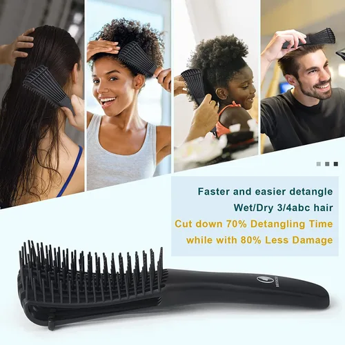 Vista 4 de BRUSHZOO - Juego de cepillos desenredantes para mujeres, hombres y niños, desenredante y masaje de cabello, cepillo de pelo rizado para cabello Negro