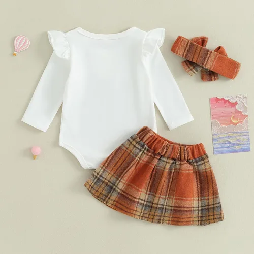 Vista 7 de Sasaerucure Trajes de otoño e invierno para bebé niña, mameluco de manga larga con falda a cuadros, 2 piezas, trajes de Navidad