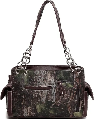 Vista 4 de Camuflaje Estilo Occidental Totes Bolso Floral Tachonado Bolso de Cuero Tooled Bolso de Cuero de las Mujeres del País Bolsa de Hombro Cremallera