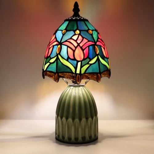 Vista 10 de Tiffany Stained Glass Mushroom Table Lamp 12.5 Inch -Pink Leaf Tiffany Lamp,6X6X12.5 Inch,Small Night Light,Ceramic Base, Mini Accent Light
