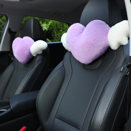 Vista 11 de Paquete de 2 almohadas para reposacabezas de automóvil en forma de corazón con alas de ángel, cómodo cojín suave para reposacabezas kawaii