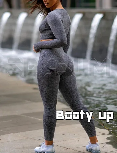 Vista 5 de SEASUM Conjuntos de entrenamiento para mujer, cintura alta, sin costuras, lindos leggings de yoga, conjuntos de entrenamiento para mujer, ropa