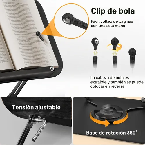 Vista 7 de SupeDesk Soporte de Libros para Lectura, Soporte de Libros Ajustable con Bases Giratorias de 360°, Diseños Plegables y Clips Elásticos, Soporte