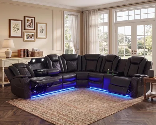 Vista 11 de Sofá seccional de cuero transpirable con sillón reclinable de doble potencia, sofá reclinable en forma de L de 6 plazas para sala de estar, sofá
