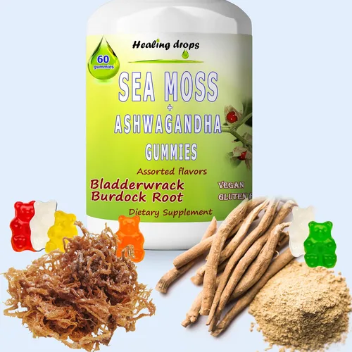 Vista 3 de Gomitas de musgo marino Ashwagandha con raíz de bardana Bladderwrack, dieta alcalina keto vegana sin OMG, sin lácteos y gluten, por Healing Drops
