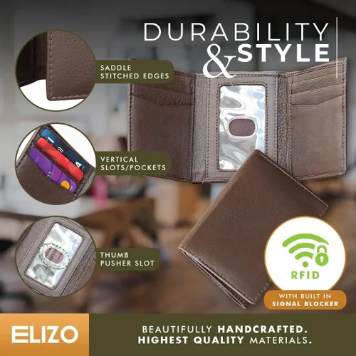 Vista 3 de ELIZO Billeteras Trifold para Hombres Cartera de Cuero REAL Slim Billetera Minimalista Compacto RFID Bloqueo - Java, Java, Trifold