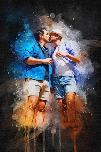 Vista 7 de Arte de acuarela personalizado para parejas LGBT sobre lienzo con fondo oscuro, regalo de compromiso y memorable para marido o novio, arte de pared