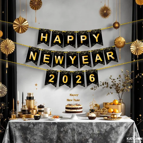 Vista 7 de KatchOn, Pancarta de Feliz Año Nuevo – Grande 10 pies, pre-ensartado Cartel de Año Nuevo para decoraciones de Año Nuevo 2026 Guirnalda de Año