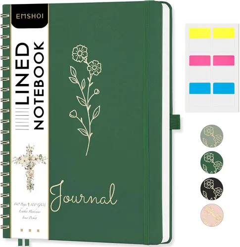 Vista 27 de EMSHOI Cuaderno de espiral con puntos, tapa dura de cuero, papel grueso de 3.53 oz/m², cuaderno de cuadrícula de puntos de 0.197 in para diario