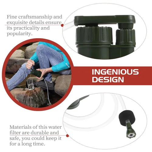 Vista 9 de Bomba de filtro de agua portátil para camping, senderismo, supervivencia, verde, militar, ligero, purificador de agua personal para uso