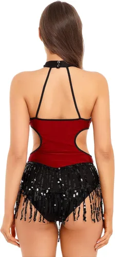 Vista 5 de Xnihocha Body de lentejuelas brillantes con flecos, leotardo sexy con borlas, traje de baile de jazz, vestido de una pieza para actuación en escen