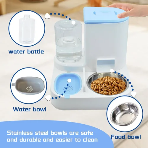 Vista 5 de Juego de dispensador automático de alimentos y agua para gatos, 2 en 1, comedero de gravedad todo en uno con tazón de comida para gatos de acero