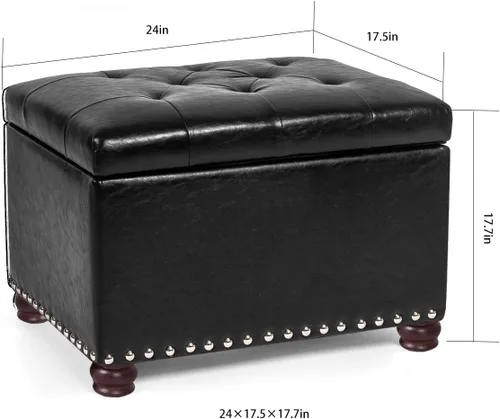 Vista 3 de Otomana de cuero con almacenamiento, 24 pulgadas, reposapiés otomanos con tapa con bisagras, taburetes tapizados rectangulares, con cabeza de clavo